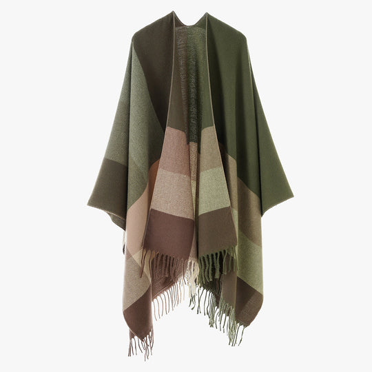 Damen Farbblock-Poncho aus Wollmix mit Fransensaum und asymmetrischem Schnitt Shop Nory