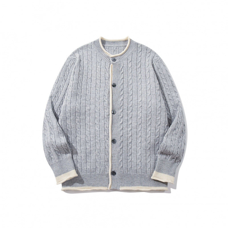 Unisex Feinstrick-Cardigan mit Zopfmuster, Rundhalsausschnitt und Kontrastblende Shop Nory