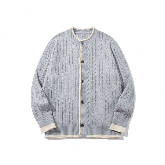 Unisex Feinstrick-Cardigan mit Zopfmuster, Rundhalsausschnitt und Kontrastblende Shop Nory