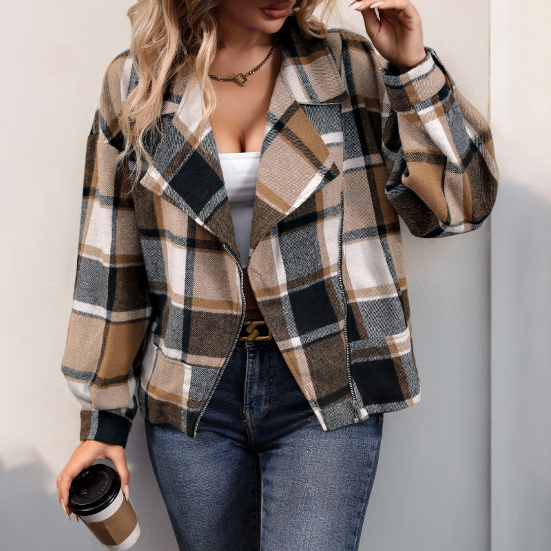 Damen Oversize-Karo-Shacket mit Reverskragen, Reißverschluss & aufgesetzten Taschen Shop Nory