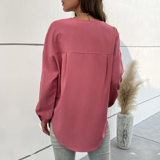 Damen Texturiertes Henley-Blusenshirt mit Knopfleiste und Brusttasche Shop Nory