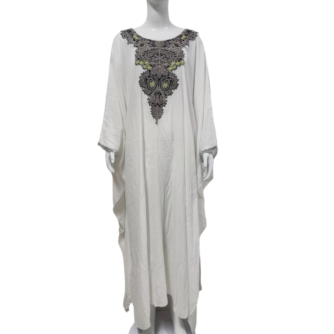 Damen Kaftan-Kleid mit aufwändiger Halsstickerei und weitem Schnitt Shop Nory