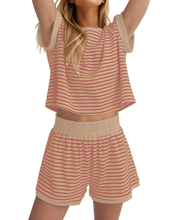 Damen Lässiges gestreiftes Set aus lockerer Oberteil und Shorts