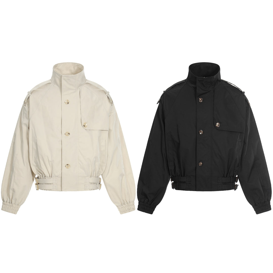 Damen Kurz geschnittene Boxy-Trenchjacke mit hohem Funnelkragen, Schulterklappen und verstellbarem Taillengurt Shop Nory