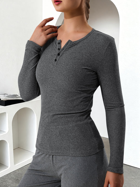 Damen Geripptes Henley-Langarmshirt mit Knopfleiste und figurnahem Schnitt Shopy Nory