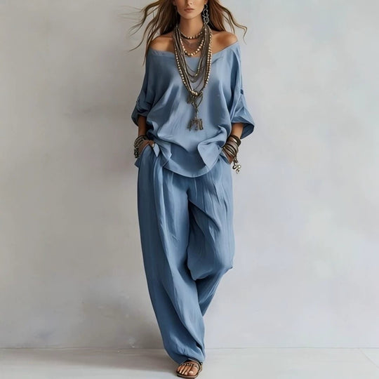 Damen Lässiges Leichtes Lounge-Set mit Carmenausschnitt und Palazzo-Hose Shop Nory