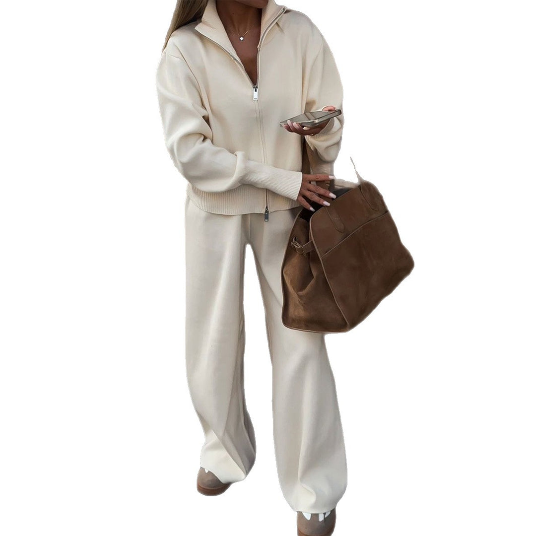 Damen nan Strick-Loungewear-Set mit halbhohem Kragen, Reißverschluss und weitem Highwaist-Hose Shop Nory