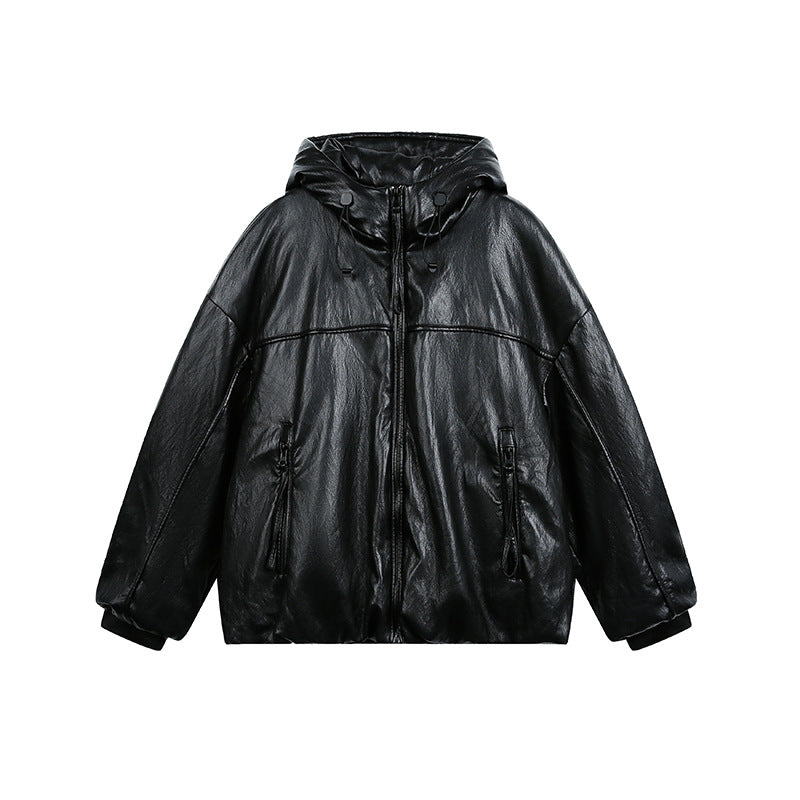 Herren Übergroße Kunstlederjacke mit Kapuze und Reißverschluss Shop Nory