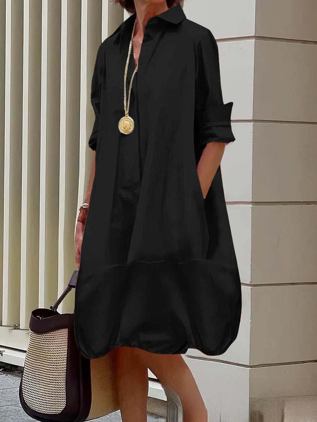 Damen Lässiges Hemdblusenkleid mit weit geschnittenem Saum ShopNory