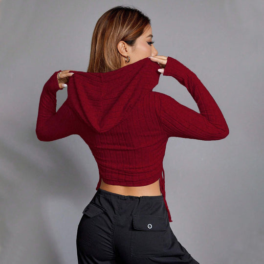 Damen geripptes Crop-Hoodie mit Tunnelzugseitennähten, figurbetonter Silhouette und langen Ärmeln Shop Nory