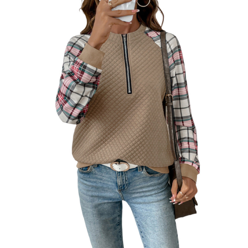Damen Stepppullover mit halbem Reißverschluss und karierten Raglanärmeln Shop Nory
