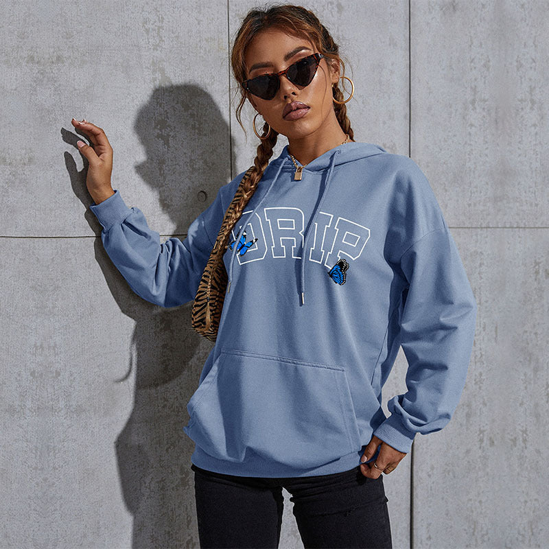 Damen Oversize-Kapuzenpullover mit Kängurutasche und Schmetterling-Stickerei Shop Nory