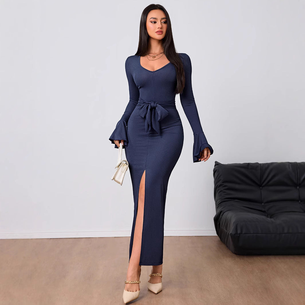 Damen figurbetontes Maxikleid mit V-Ausschnitt Trompetenärmeln Taillenband und hohem Seitenschlitz Shop Nory