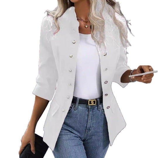 Damen nan taillierter Longblazer mit Stehkragen, dekorativer Metallknopfleiste und 3/4-Ärmeln Shop Nory