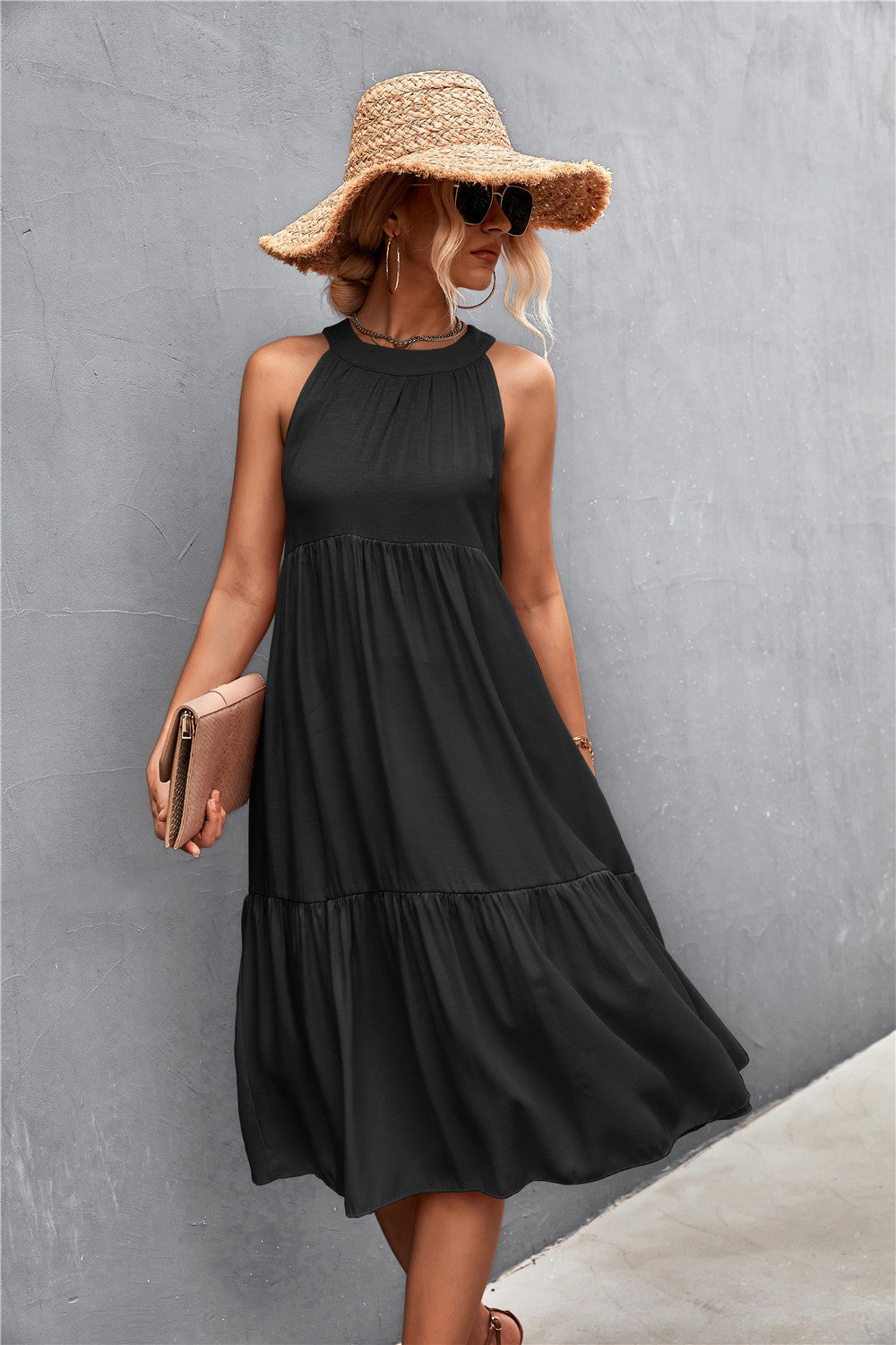 Damen luftiges Sommerkleid mit schwingendem Rock und hohem Hals Shopnory