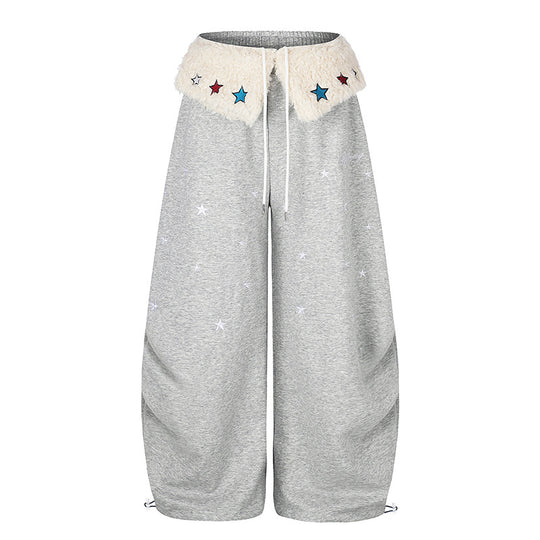 Damen Extraweite Palazzo-Jogginghose mit Teddybund, Kordelzug und Sternstickerei Shop Nory