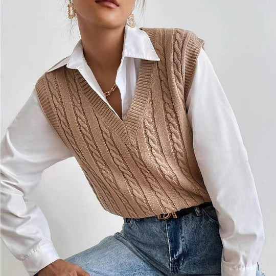 Damen Strickweste mit V-Ausschnitt und Zopfmuster