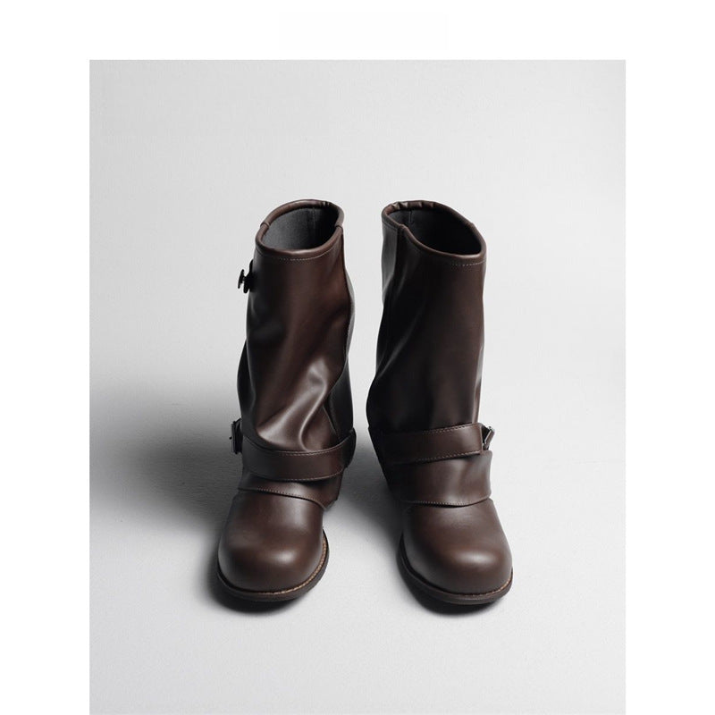 Damen Slouchy Bikerstiefel aus Lederoptik mit verstellbarem Schnallenriemen und mittlerem Blockabsatz Shop Nory