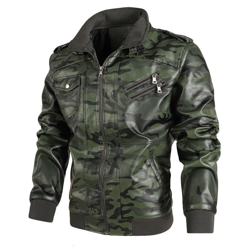 Herren Camouflage-Kunstleder-Bomberjacke im Pilotenstil mit Rippbündchen und Zipper-Taschen Shop Nory
