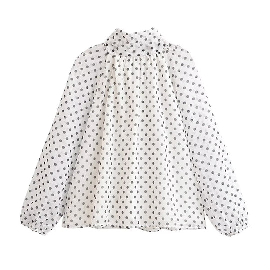 Damen Leichte Chiffonbluse mit Stehkragen, Volumenärmeln und Polka-Dot-Print Shop Nory