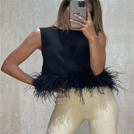Damen Elegantes Top mit Federn und Rundhalsausschnitt