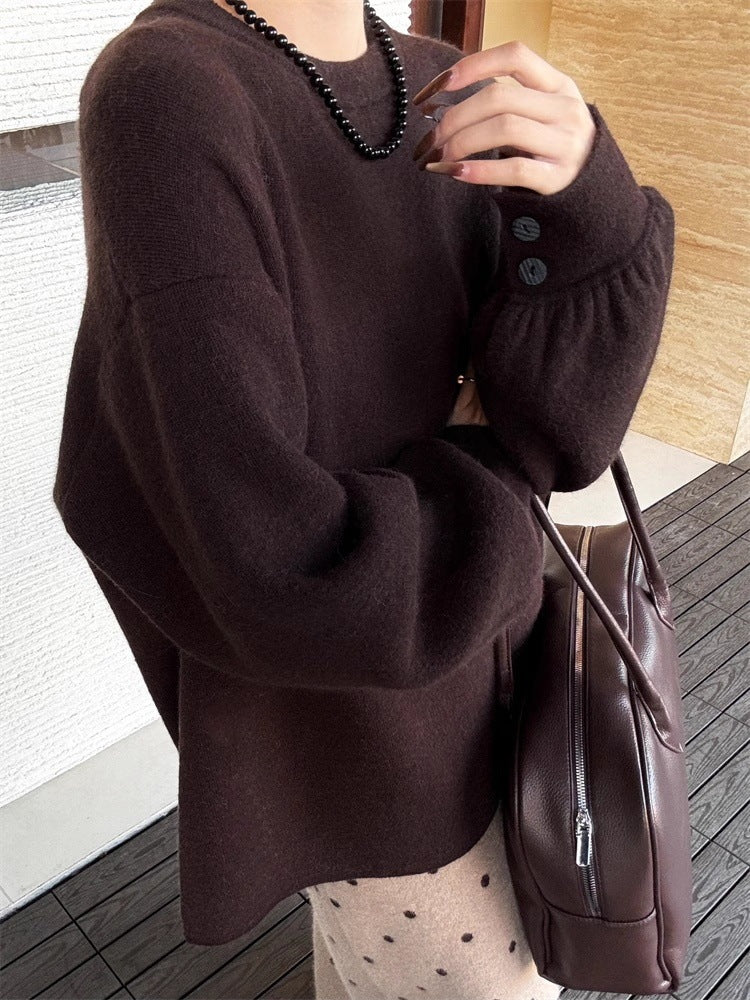 Damen Oversize-Feinstrickpullover mit Ballonärmeln und Knopfmanschette Shop Nory