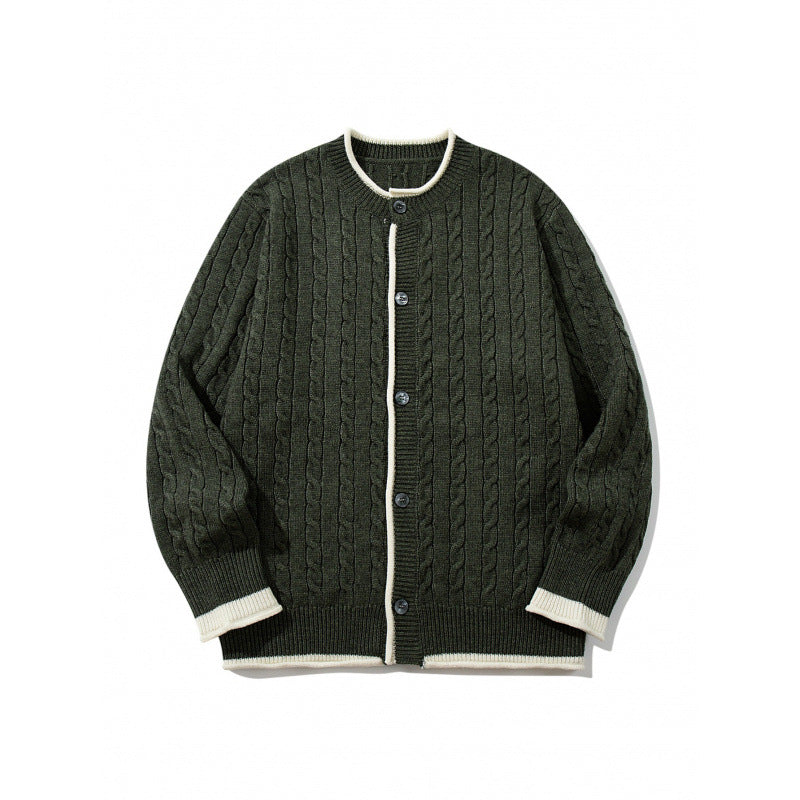 Unisex Feinstrick-Cardigan mit Zopfmuster, Rundhalsausschnitt und Kontrastblende Shop Nory