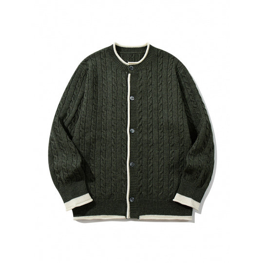 Unisex Feinstrick-Cardigan mit Zopfmuster, Rundhalsausschnitt und Kontrastblende Shop Nory