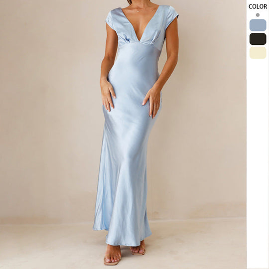 Damen Elegantes Maxikleid mit Tiefem V-Ausschnitt und Fliessendem Satin-Finish