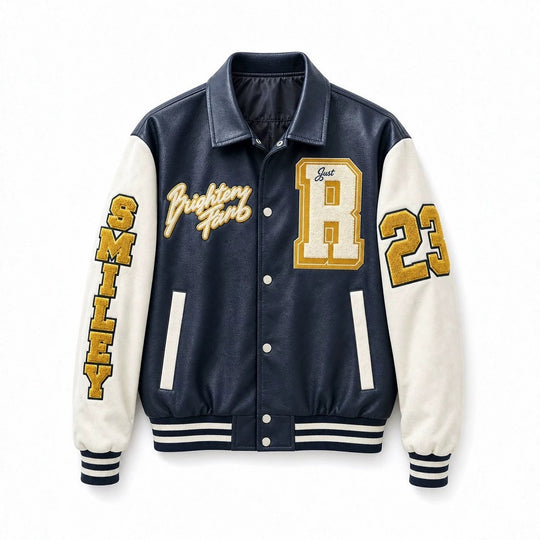 Herren Collegejacke im Letterman‑Stil mit Kunstleder‑Body, Kontrastärmeln und Chenille‑Patches Shop Nory