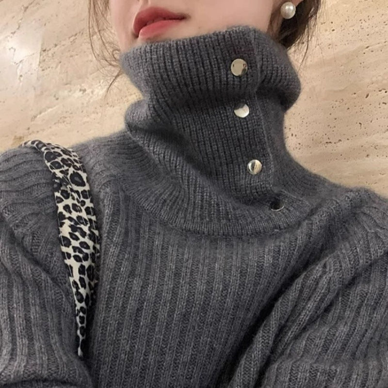 Damen Rollkragenpullover mit Druckknopf‑Leiste und feiner Rippenstruktur Shop Nory