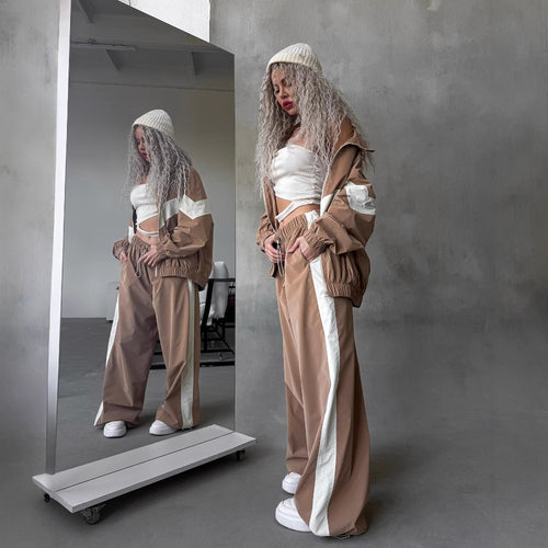 Damen leichte Oversize-Windbreakerjacke mit Kontrastpanelen, Tunnelzugbund und elastischen Bündchen Shop Nory