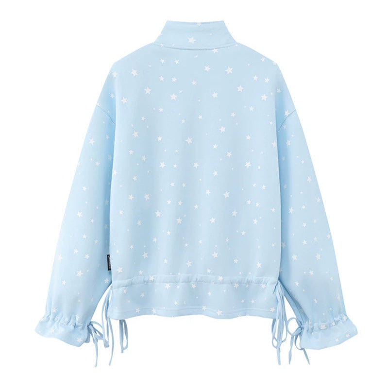 Damen leichte Stehkragen-Sweatjacke mit Sternen-Allover, Applikationen und Kordelzug Shop Nory
