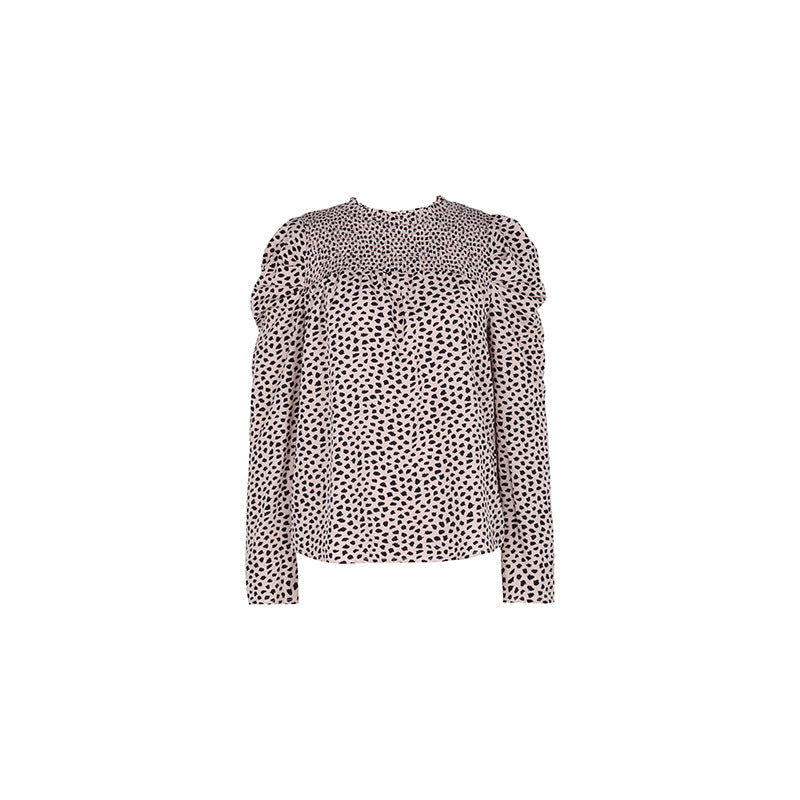 Damen Gepunktete Bluse mit Smok‑Passe, Puffärmeln und lockerem Fall Shop Nory
