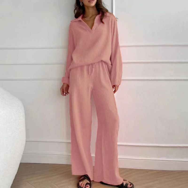Damen Leichtes Crinkle-Lounge-Set mit V-Ausschnitt und weiter High-Waist-Hose Shop Nory