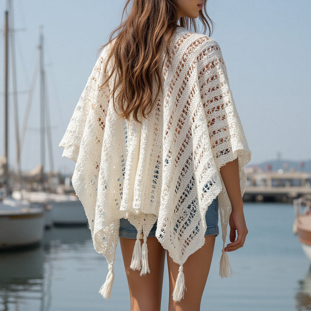 Damen luftiger Strickponcho mit Fransen