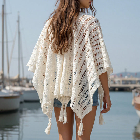 Damen luftiger Strickponcho mit Fransen