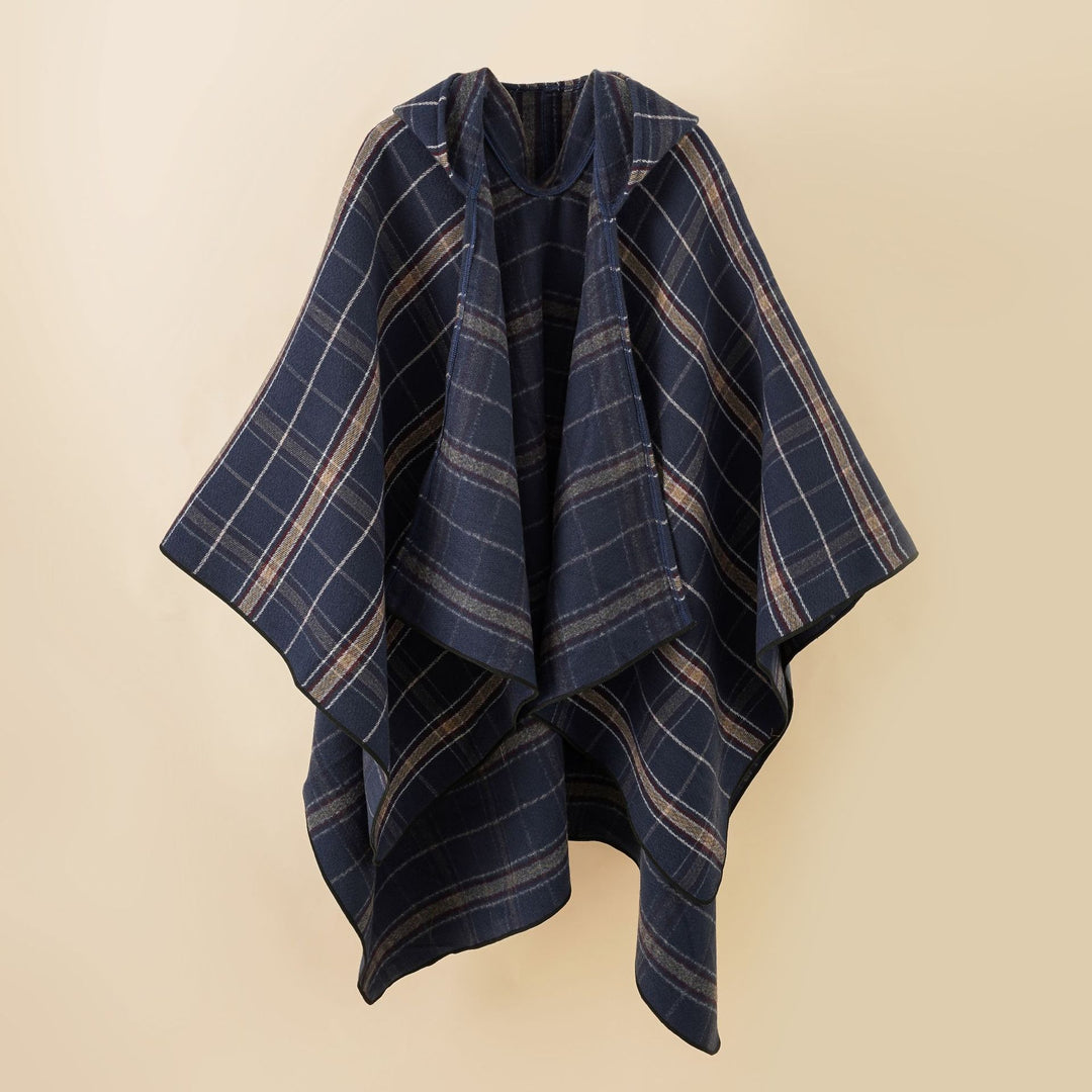 Damen Kapuzen-Poncho mit Karomuster, weichfallender Wollmix und offenem Oversize-Fall Shop Nory