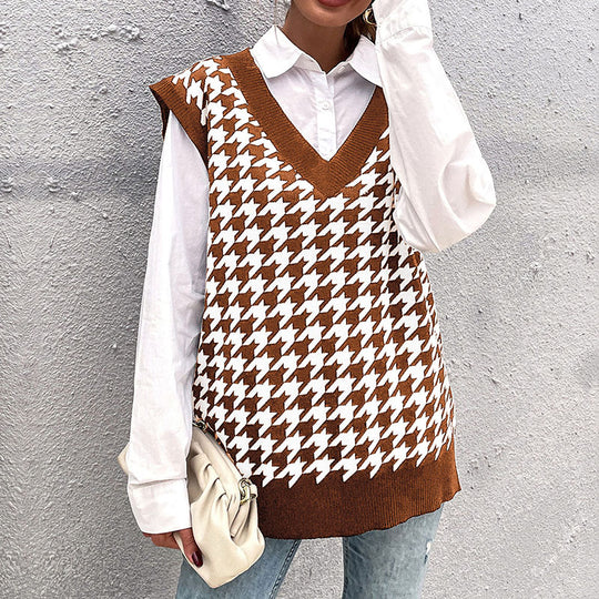 Damen Hochwertiger Strickpullover mit V-Ausschnitt und Hahnentrittmuster Shop Nory