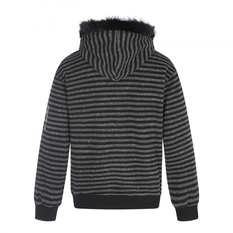 Unisex Gestreifte Kapuzen-Zipjacke mit Kunstfellkapuze und Statement-Frontprint Shop Nory