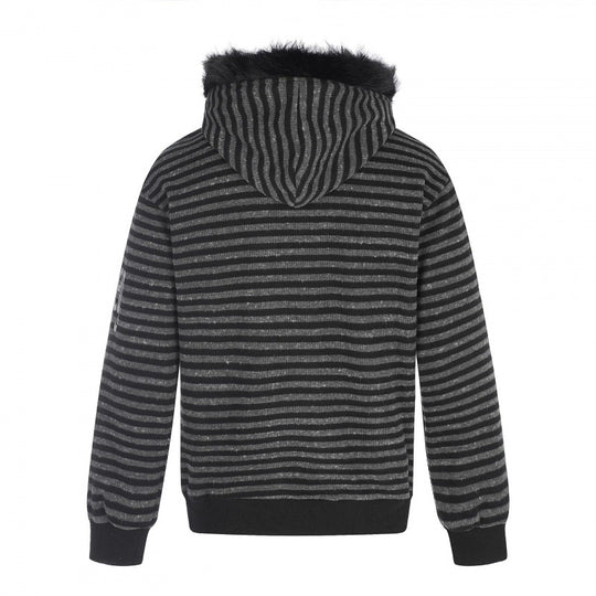 Unisex Gestreifte Kapuzen-Zipjacke mit Kunstfellkapuze und Statement-Frontprint Shop Nory