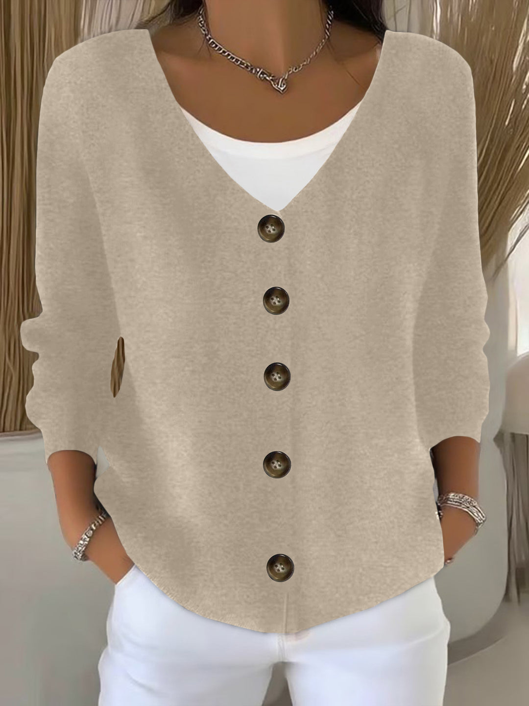 Damen Lockerer V-Ausschnitt Feinstrick-Cardigan mit Holzknopfleiste Shop Nory