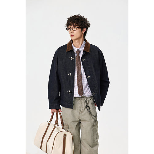 Herren Kastig geschnittener Denim‑Workwear‑Blouson mit Cord‑Umlegekragen und metallischen Hakenverschlüssen Shop Nory