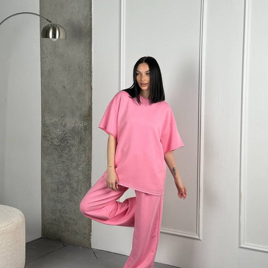 Damen Bequemes Loungewear-Set mit weit geschnittenem Oberteil und lässigen Hosen Shopnory