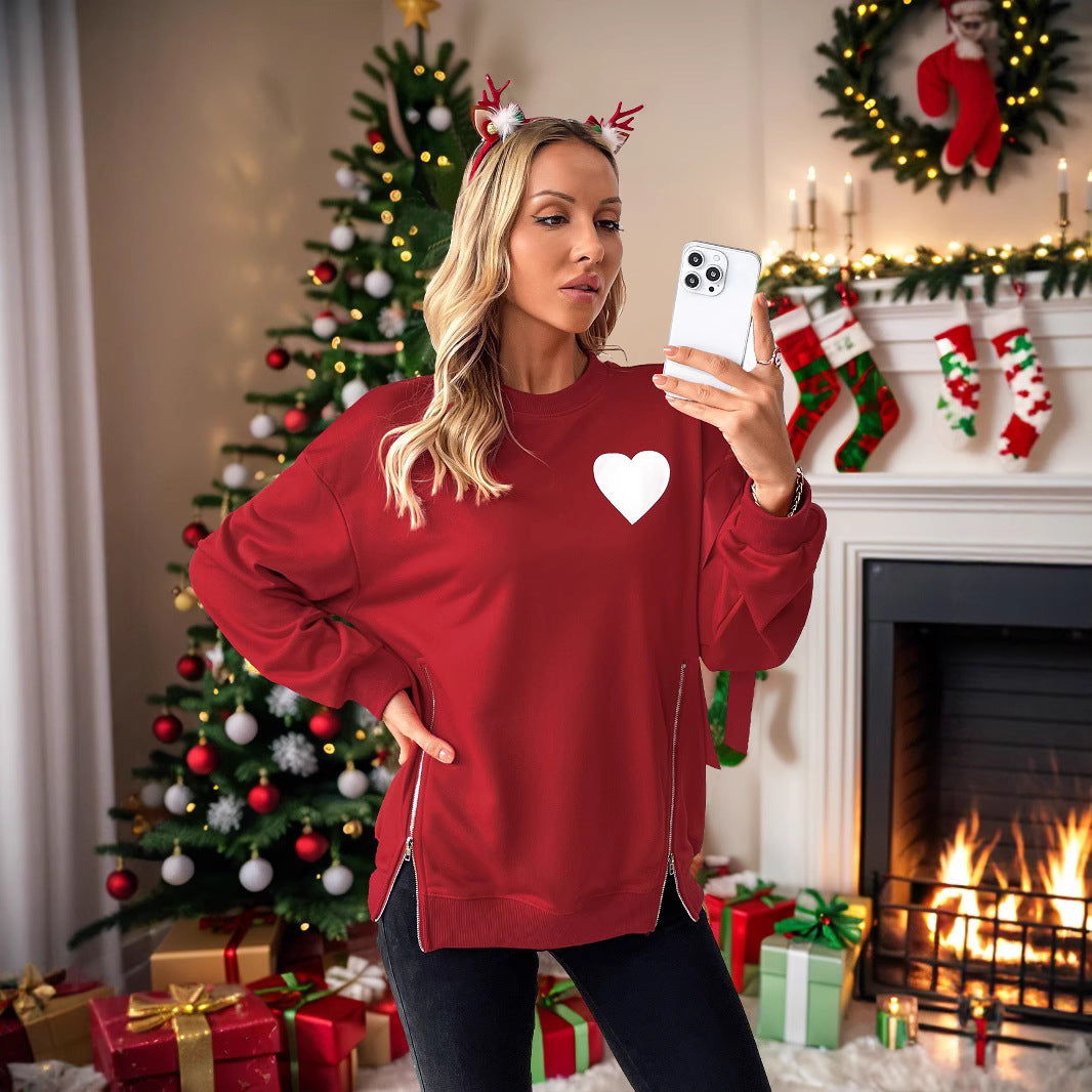 Damen Weihnachtlicher Sweatshirtpullover mit Herzapplikation und Seitenschleifen Shop Nory