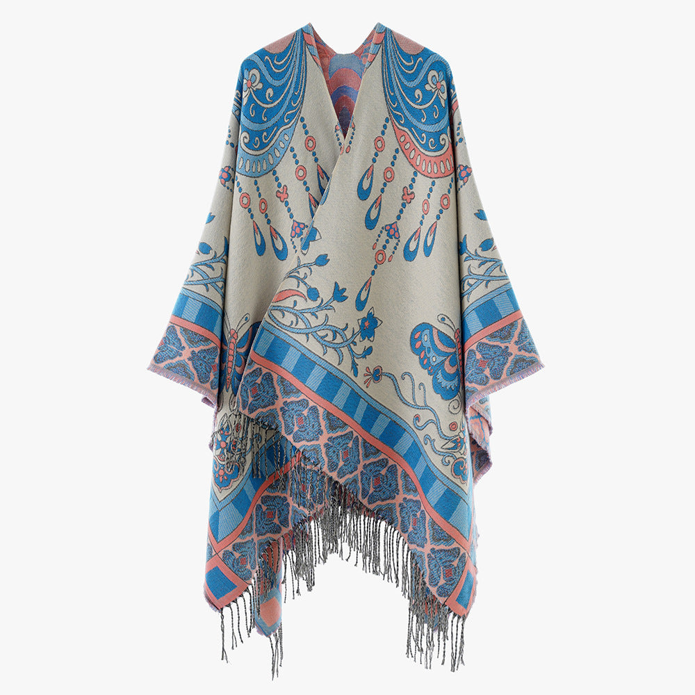 Damen Gewebter Kimono-Poncho mit Ornamentjacquard, V-Ausschnitt und Fransensaum Shop Nory