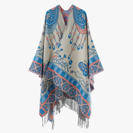 Damen Gewebter Kimono-Poncho mit Ornamentjacquard, V-Ausschnitt und Fransensaum Shop Nory