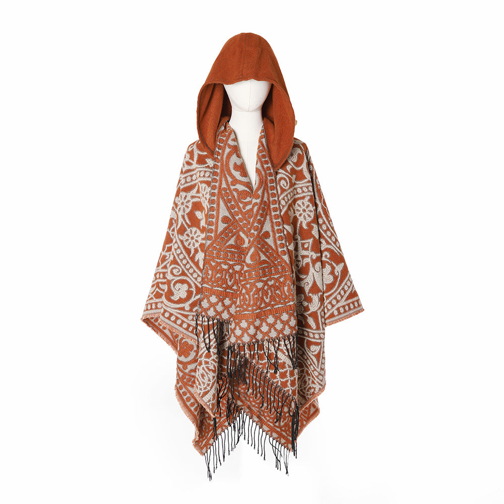 Damen Kapuzen-Ruana aus Wollmix mit Ornament-Jacquard und Fransen Shop Nory