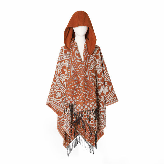 Damen Kapuzen-Ruana aus Wollmix mit Ornament-Jacquard und Fransen Shop Nory
