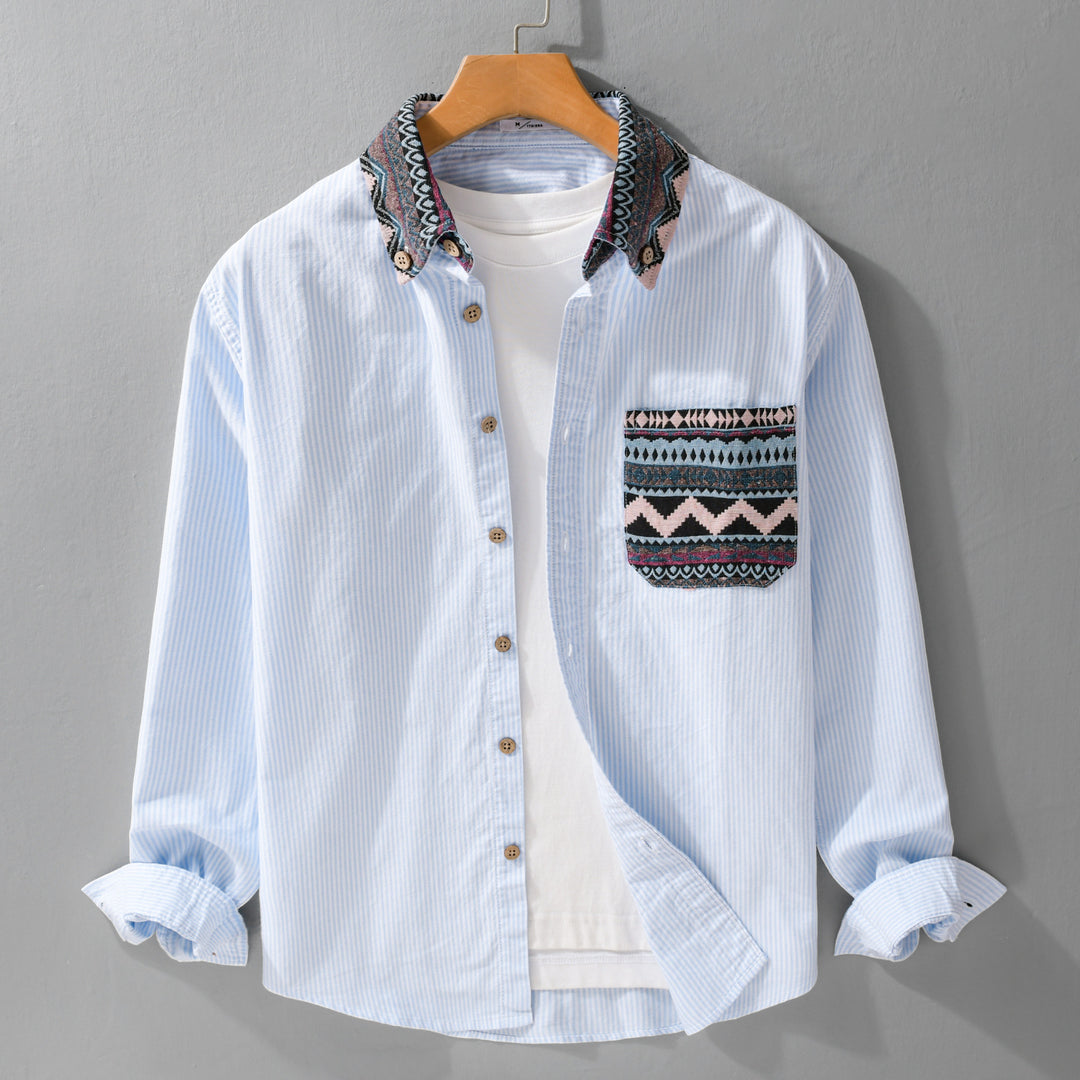 Herren Gestreiftes Baumwollhemd mit Jacquard-Kragen und Taschenbesatz Shop Nory